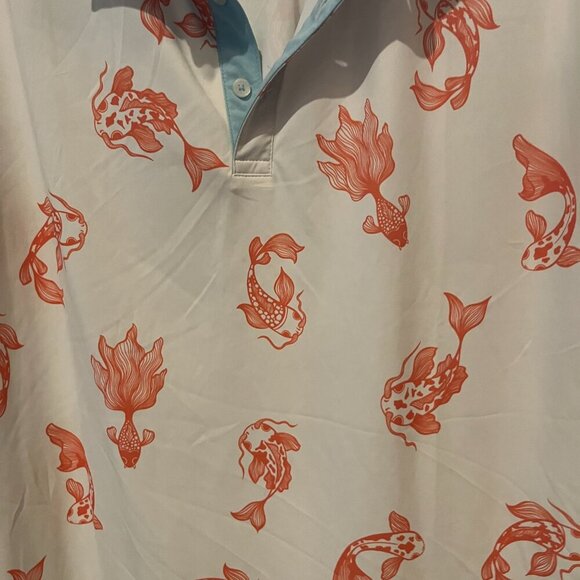 SWANNIES  CO KOI FISH MEN'S FINN PERFORMANCE POLO GOLF SHIRT - EUC - SIZE LARGE - Picture 3 of 10